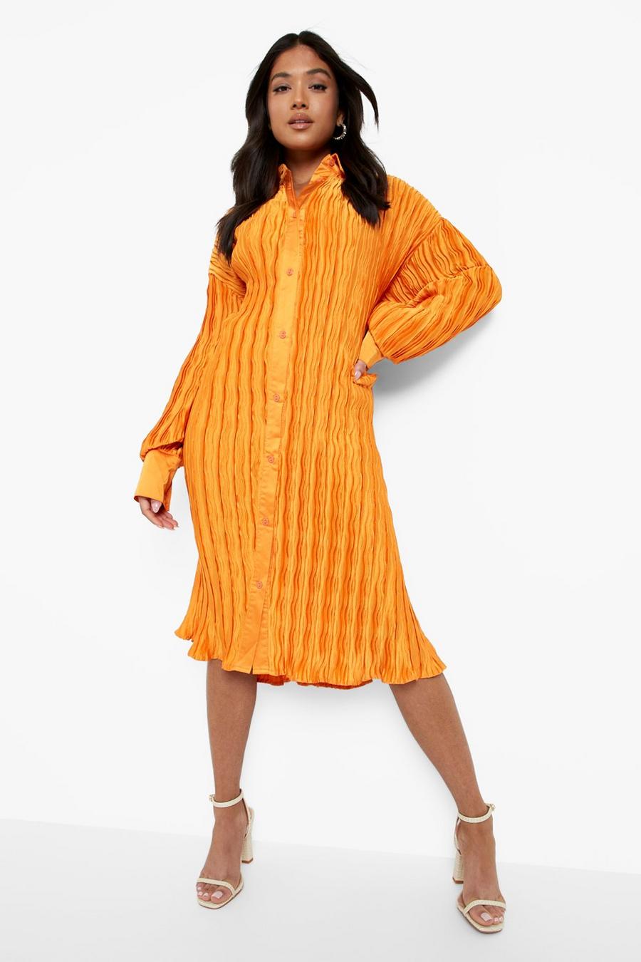 Orange Petite Pleated Plisse Midi Shirt Dress image number 1