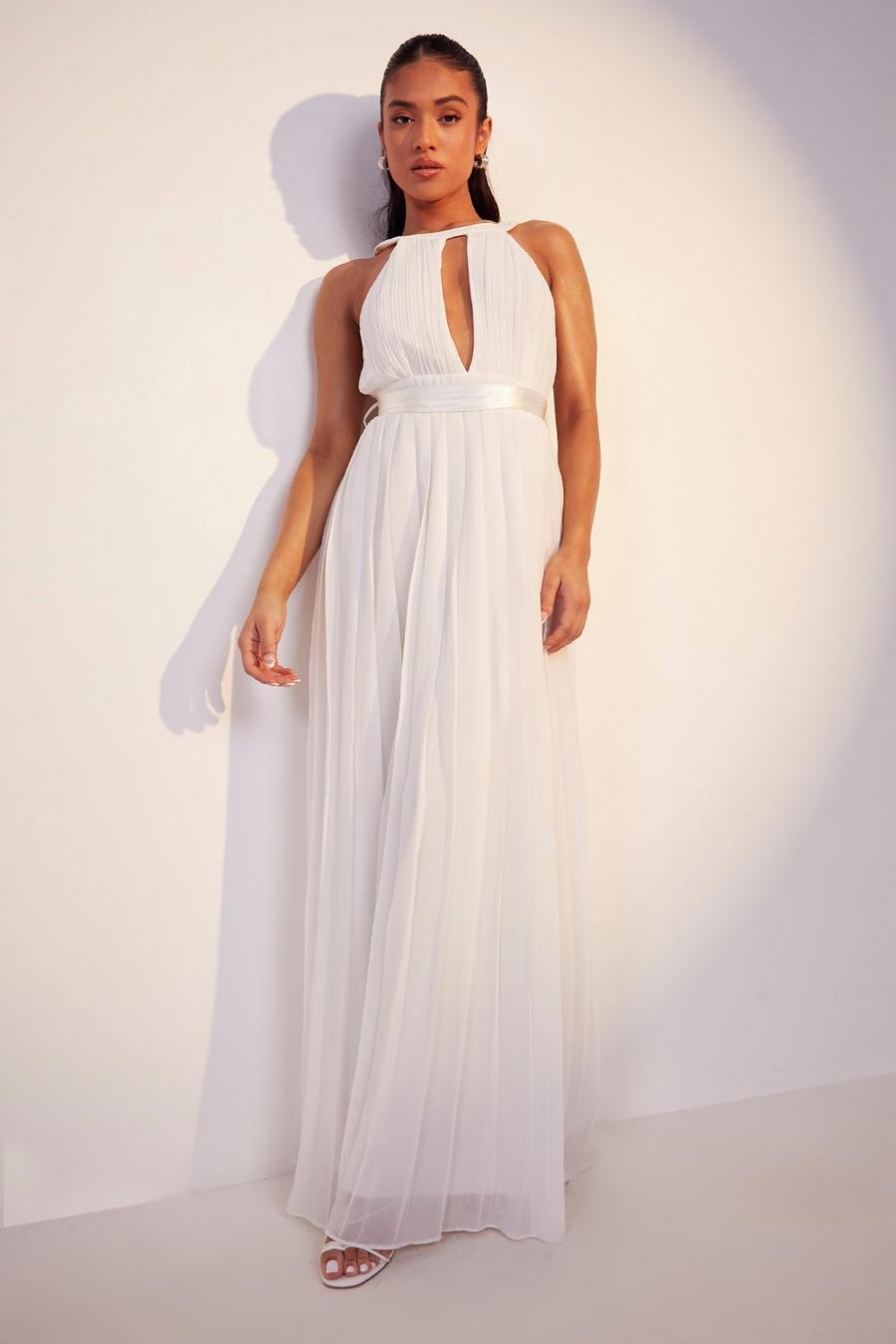 Ivory white Petite Pleated Belted Maxi Dress