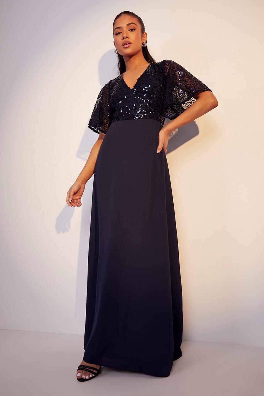 נייבי שמלת שושבינה מקסי לאירועים עם פייטים פטיט image number 1