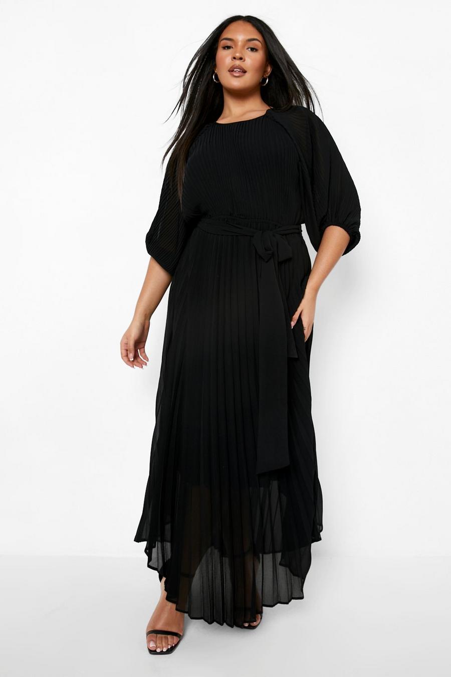 Black Plus Pleated Puff Sleeve Midi Dress image number 1