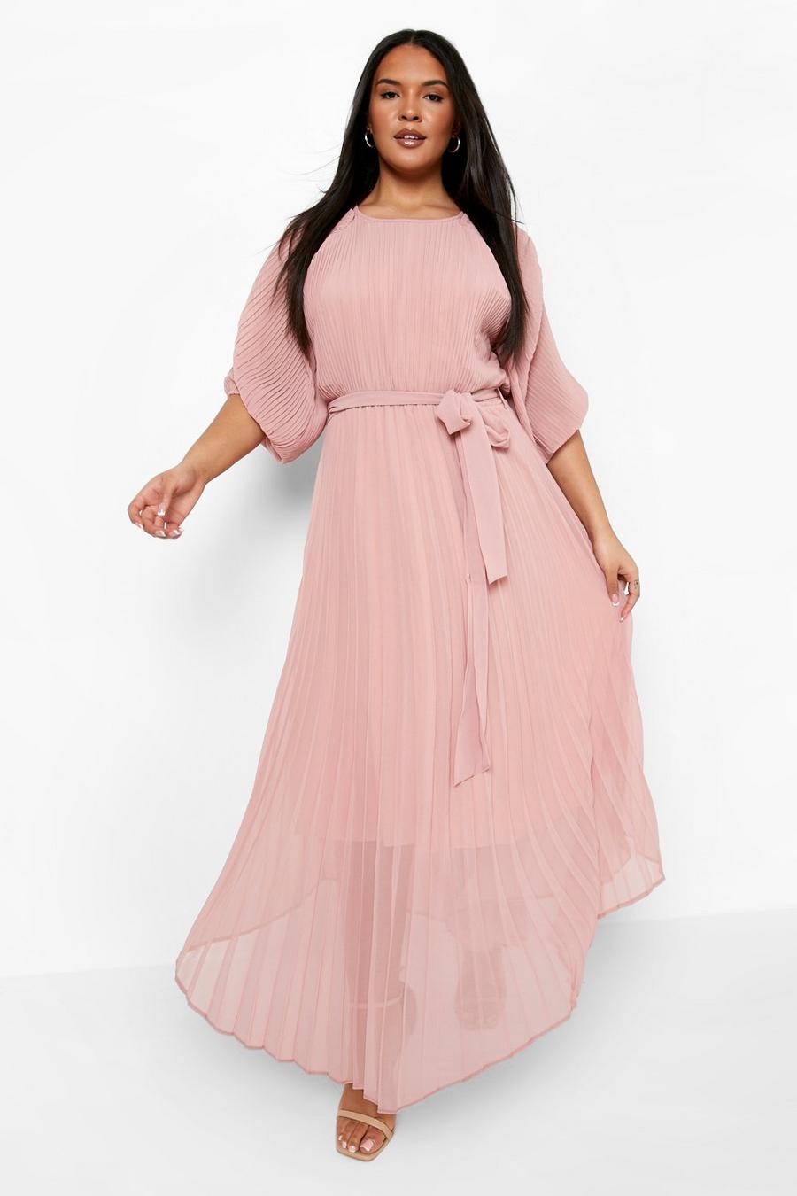 Blush pink Plus Pleated Puff Sleeve Midi Dress