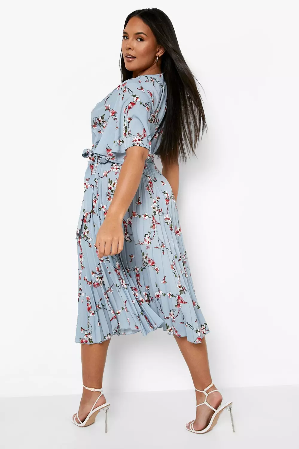 Dusty blue floral store pleated midi dress