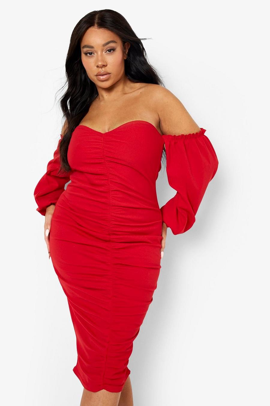 Red Plus Ruched Ruffle Detail Midi Dress image number 1