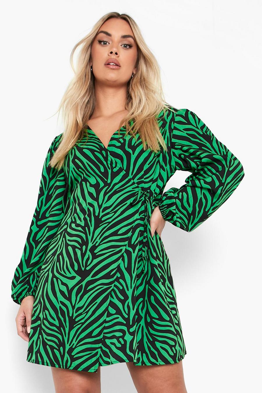 Green Plus Zebra Print Balloon Sleeve Wrap Shift Dress image number 1