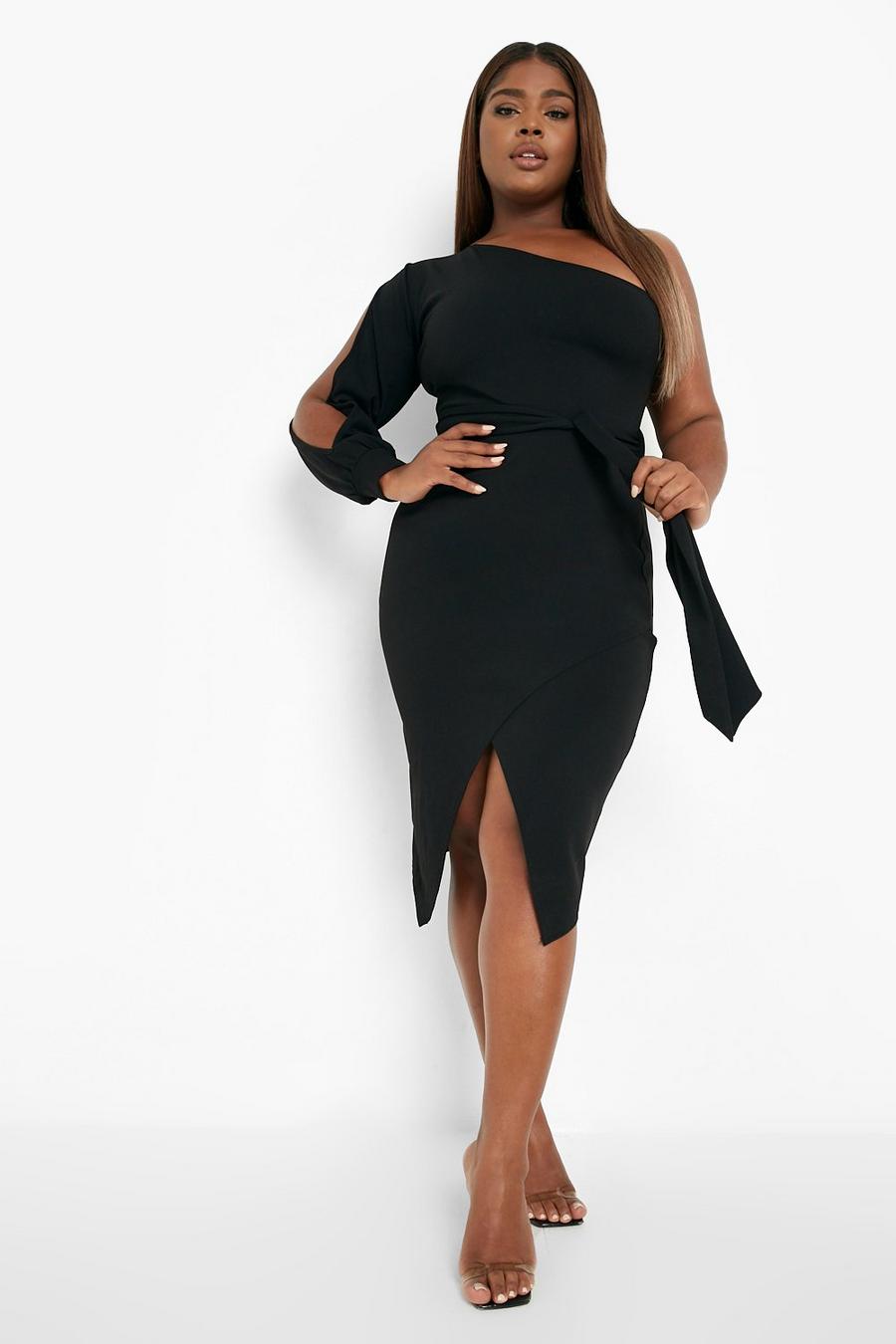 Black Plus One Shoulder Wrap Midi Dress image number 1