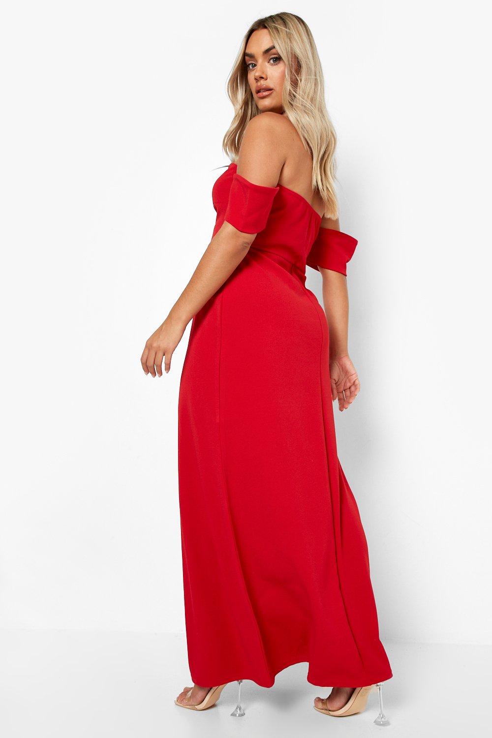 Boohoo red off the shoulder dress best sale