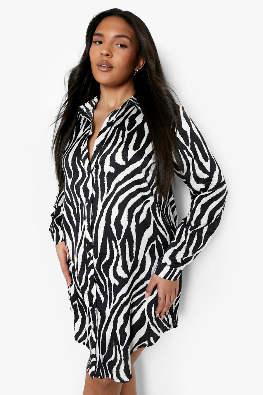 Black Plus Satin Zebra Print Shirt Dress image number 1