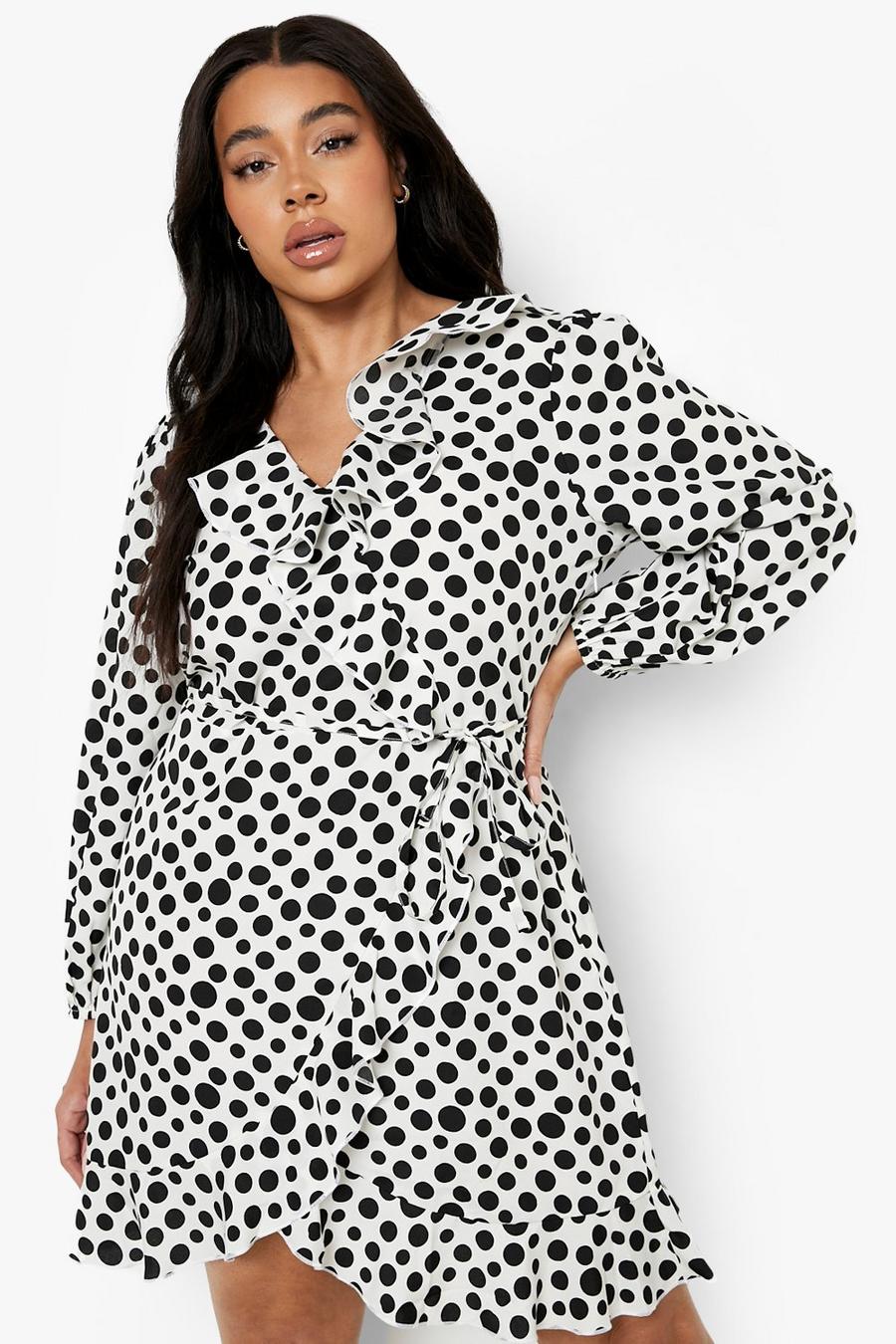 White Plus Spot Long Sleeve Woven Frill Wrap Dress image number 1