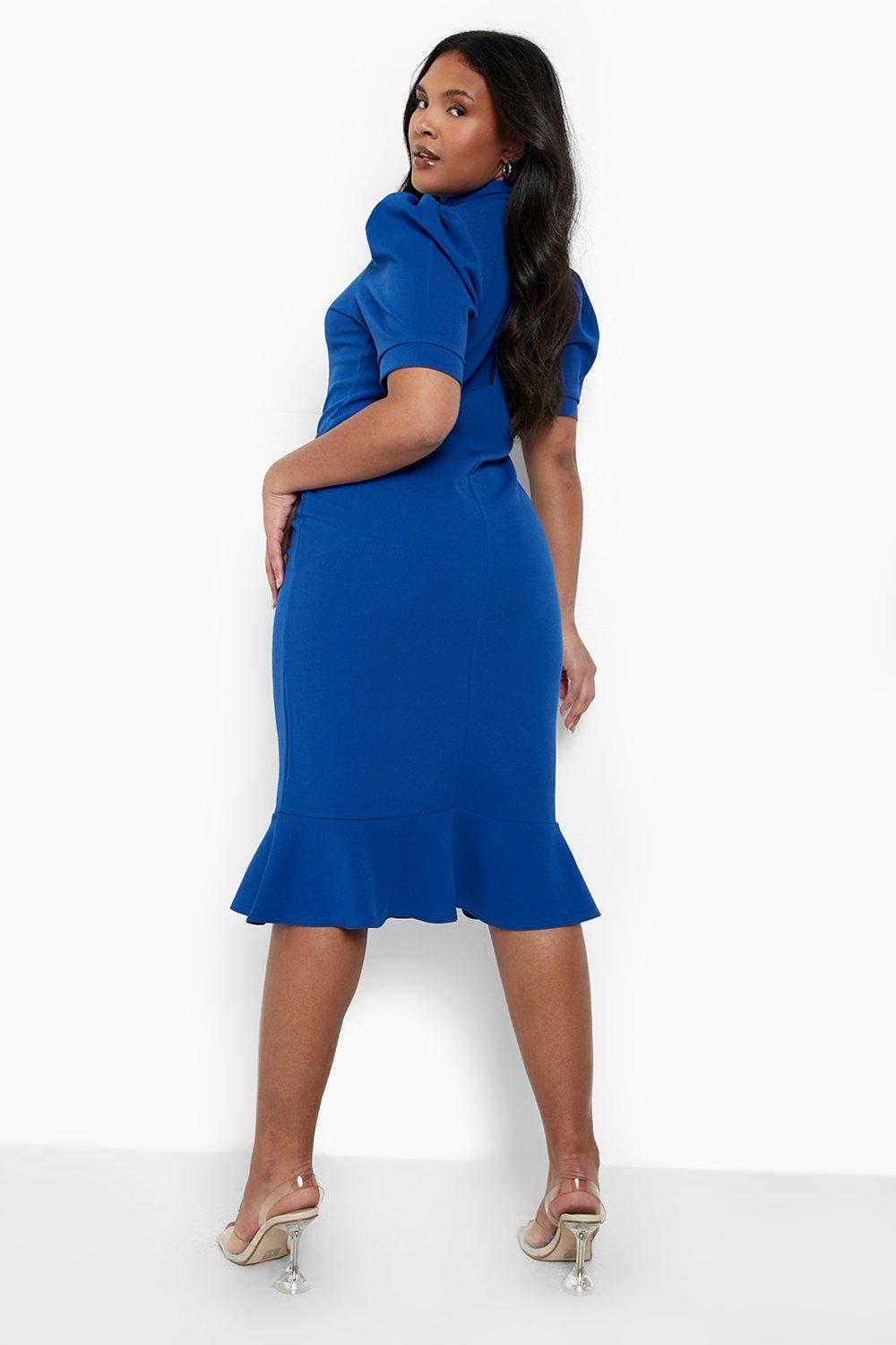 Plus Puff Sleeve Peplum Midi Dress