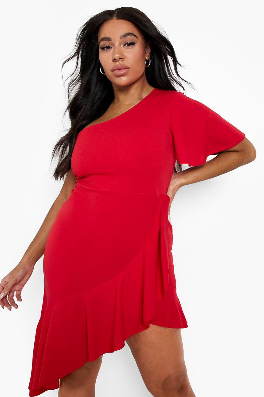 Red rosso Plus Angel Sleeve Asymmetric Hem Midi Dress image number 1