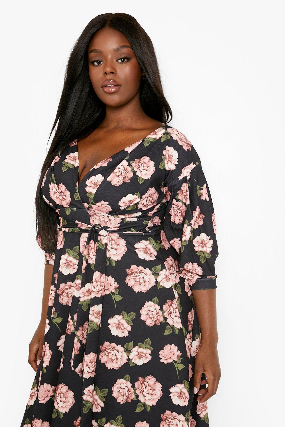 Women s Plus Floral Off Shoulder Wrap Midi Dress Boohoo UK