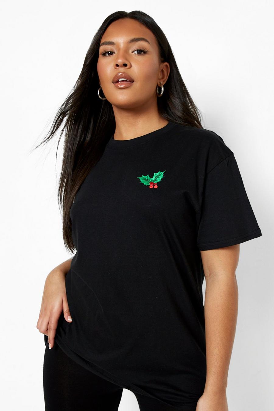 Camiseta Plus navideña con bordado de acebo, Black negro image number 1