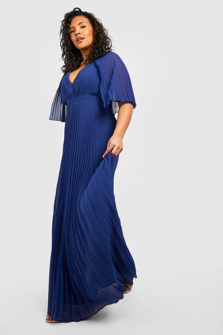 Vestido Plus maxi plisado para dama de honor estilo capa, Navy blu oltremare