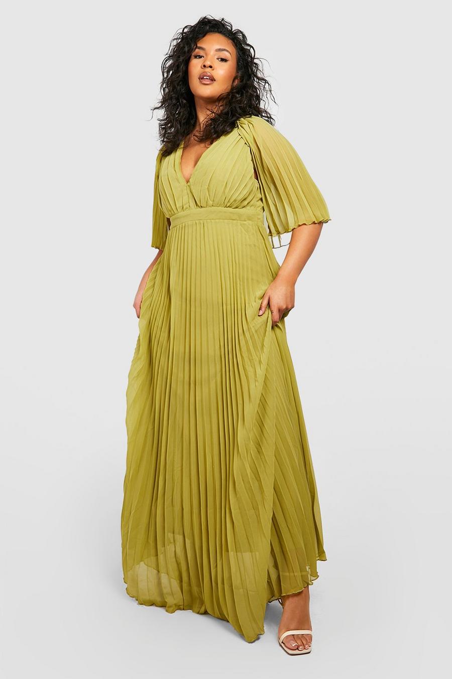 Olive green Plus Pleated Cape Bridesmaid Maxi Dress image number 1