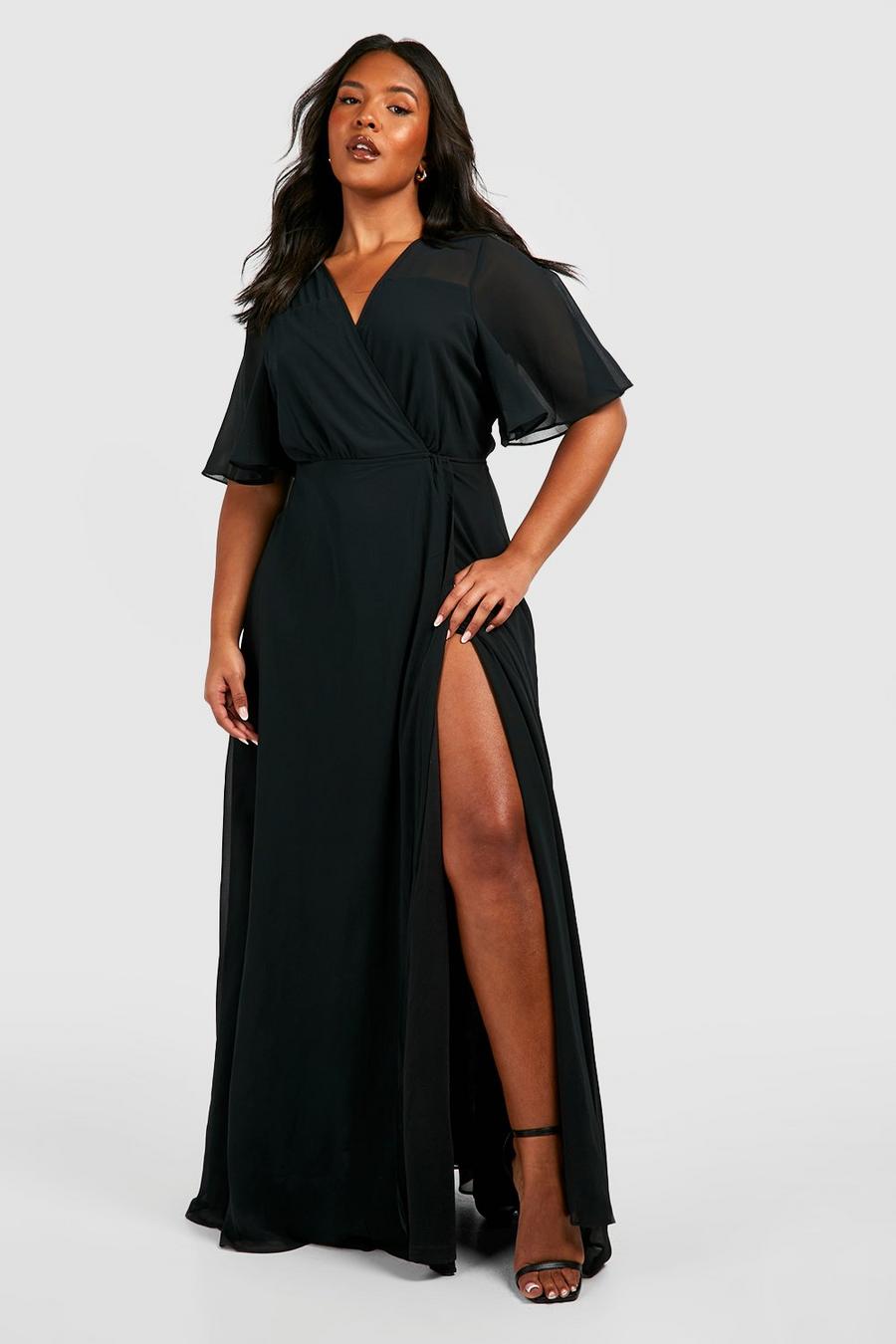 Black svart Plus Angel Sleeve Wrap Bridesmaid Dress image number 1