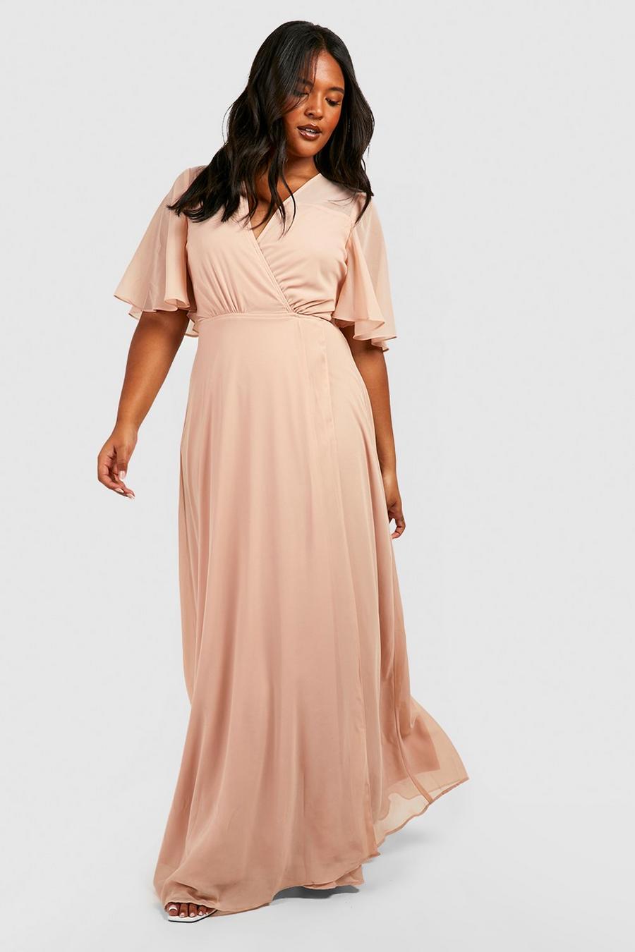 Blush rose Plus Angel Sleeve Wrap Bridesmaid Dress