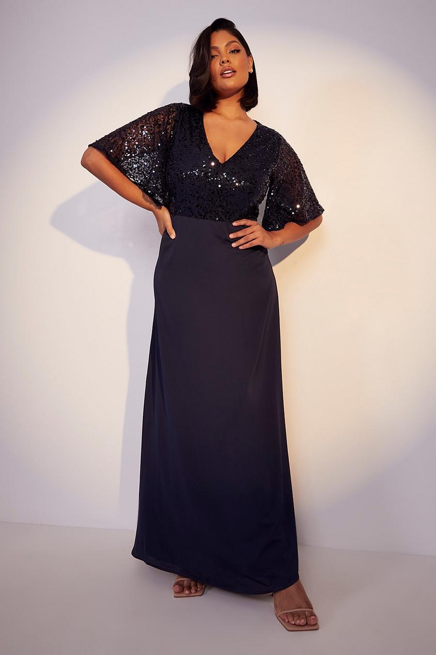 Navy blu oltremare Plus Bridesmaid Occasion Sequin Angel Maxi Dress
