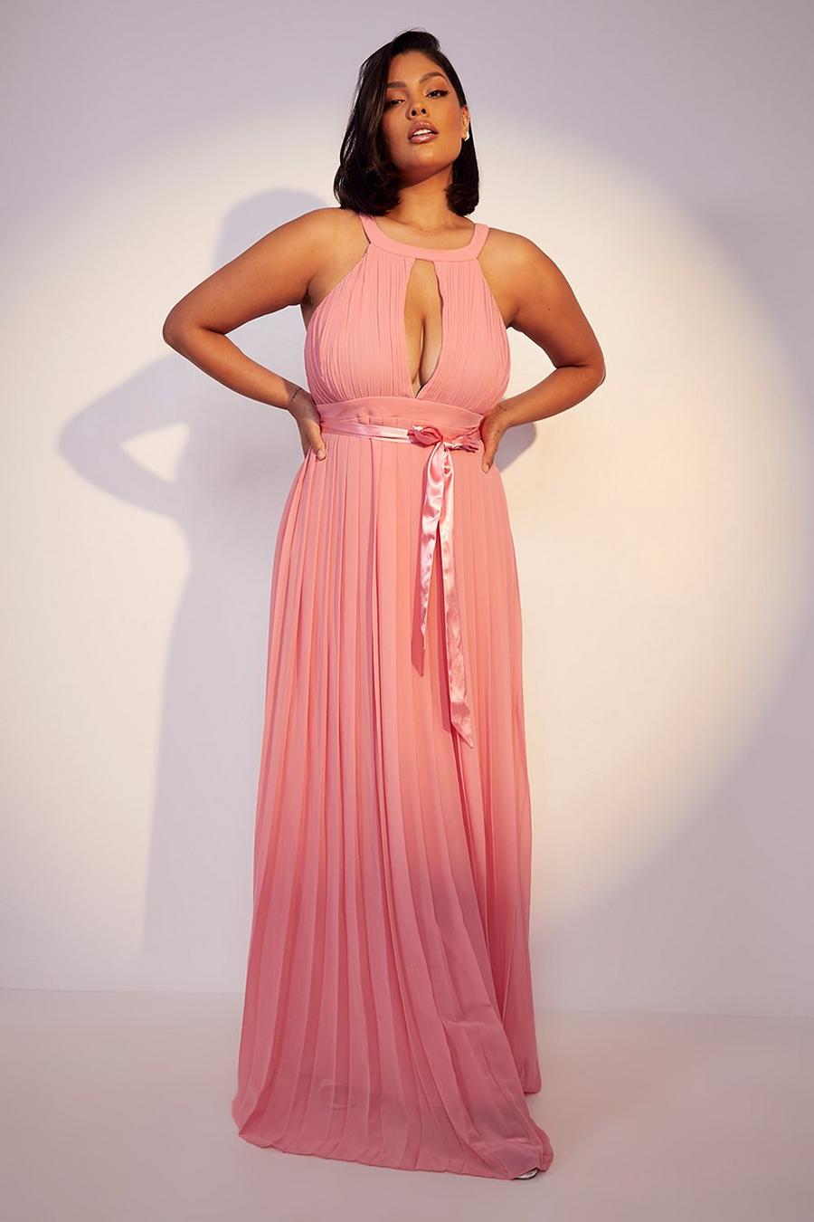 Rose pink Plus Bridesmaid Pleated Belted Maxi Dress