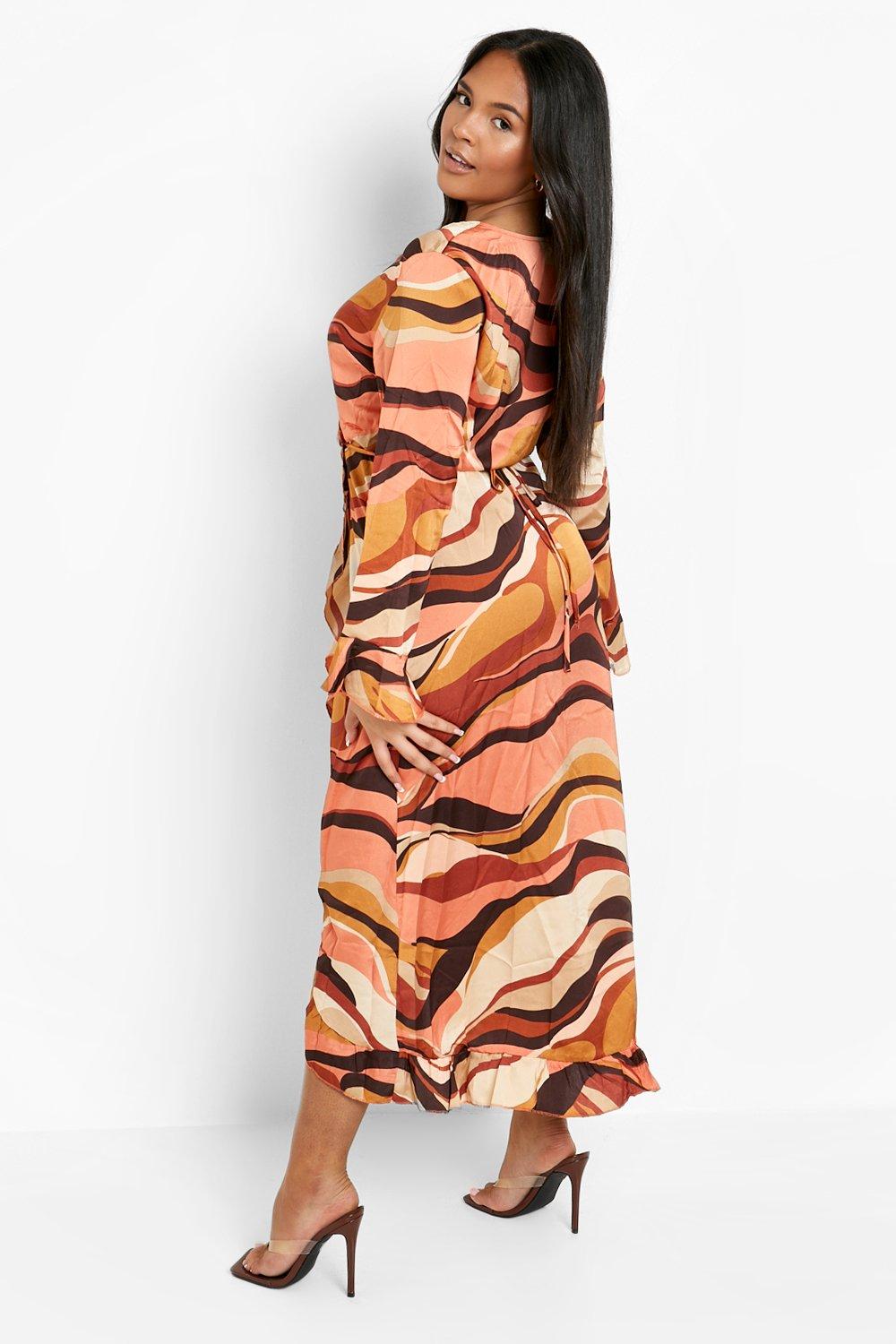 Plus 70'S Marble Satin Wrap Dress | boohoo