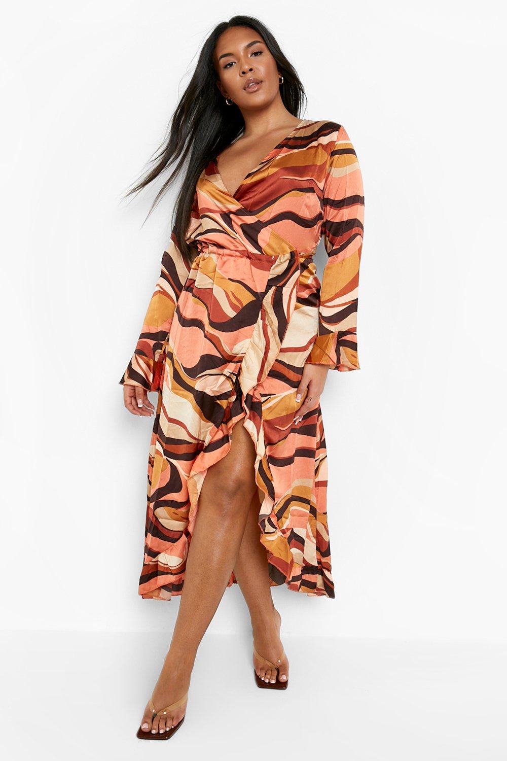 Women's Plus 70's Marble Satin Wrap Dress | Boohoo UK