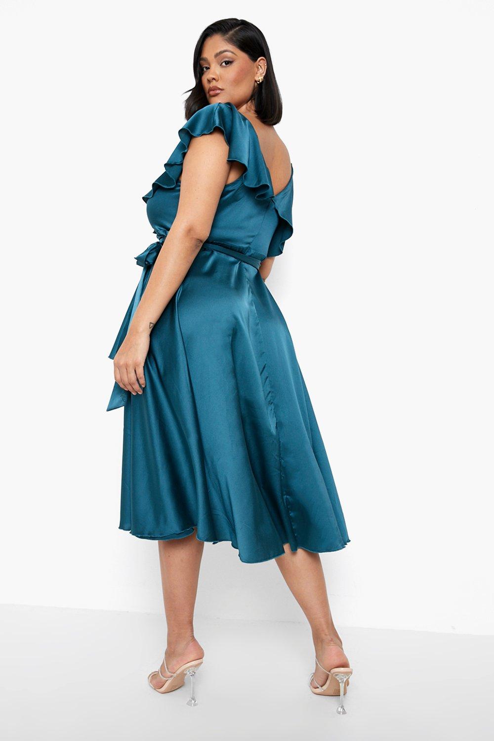 Plus Satin Ruffle Wrap Detail Skater Dress