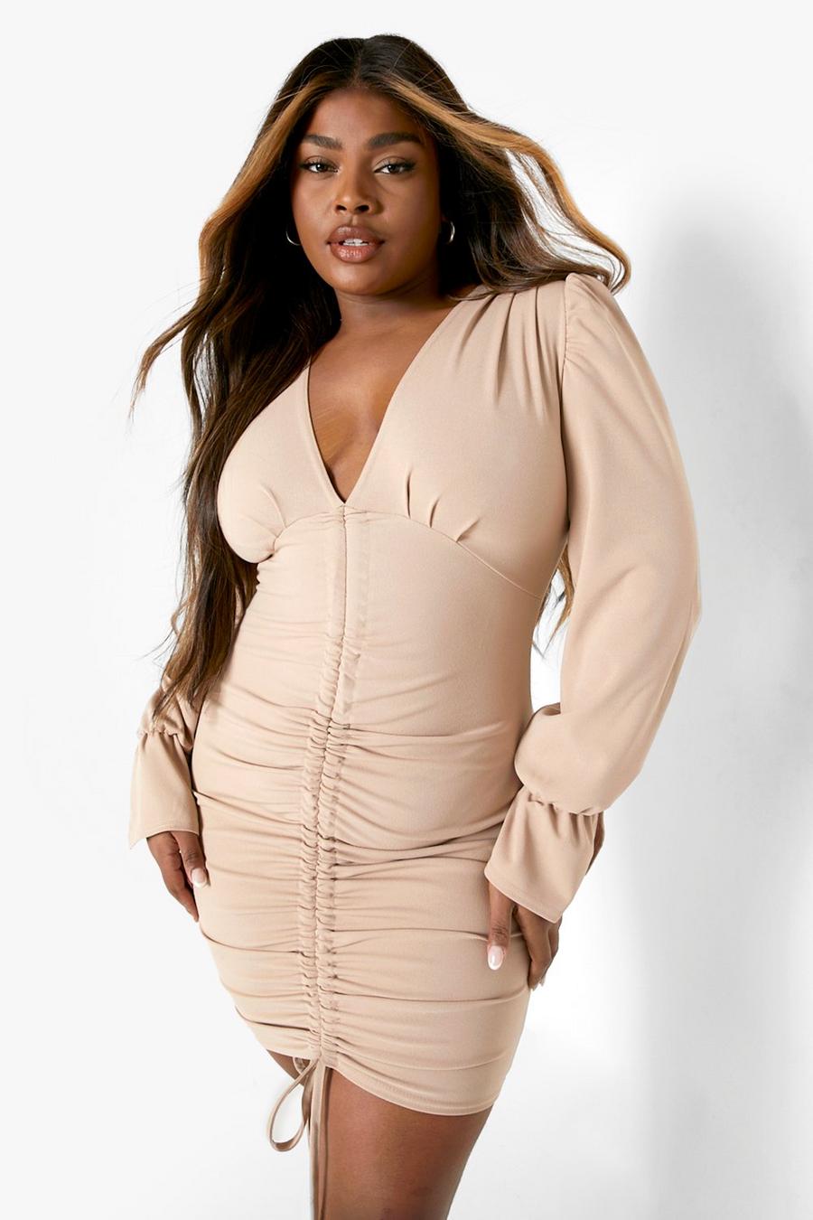 Stone beige Plus Ruched Plunge Puff Sleeve Mini Dress image number 1