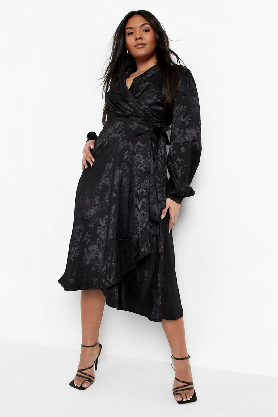 Black Plus Satin Jacquard Wrap Midi Skater Dress image number 1