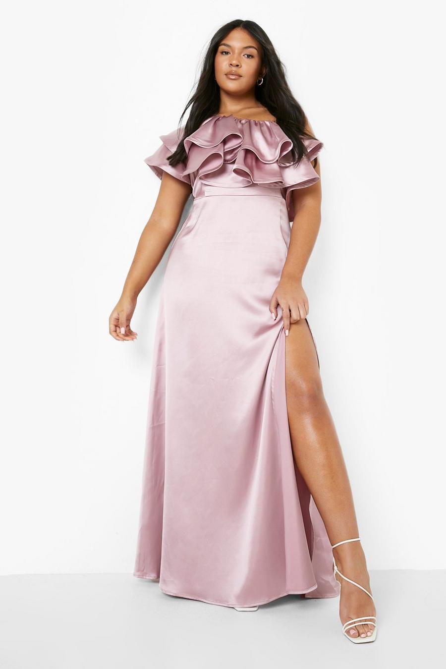 Pastel pink Plus - Lång one shoulder-klänning med volanger image number 1