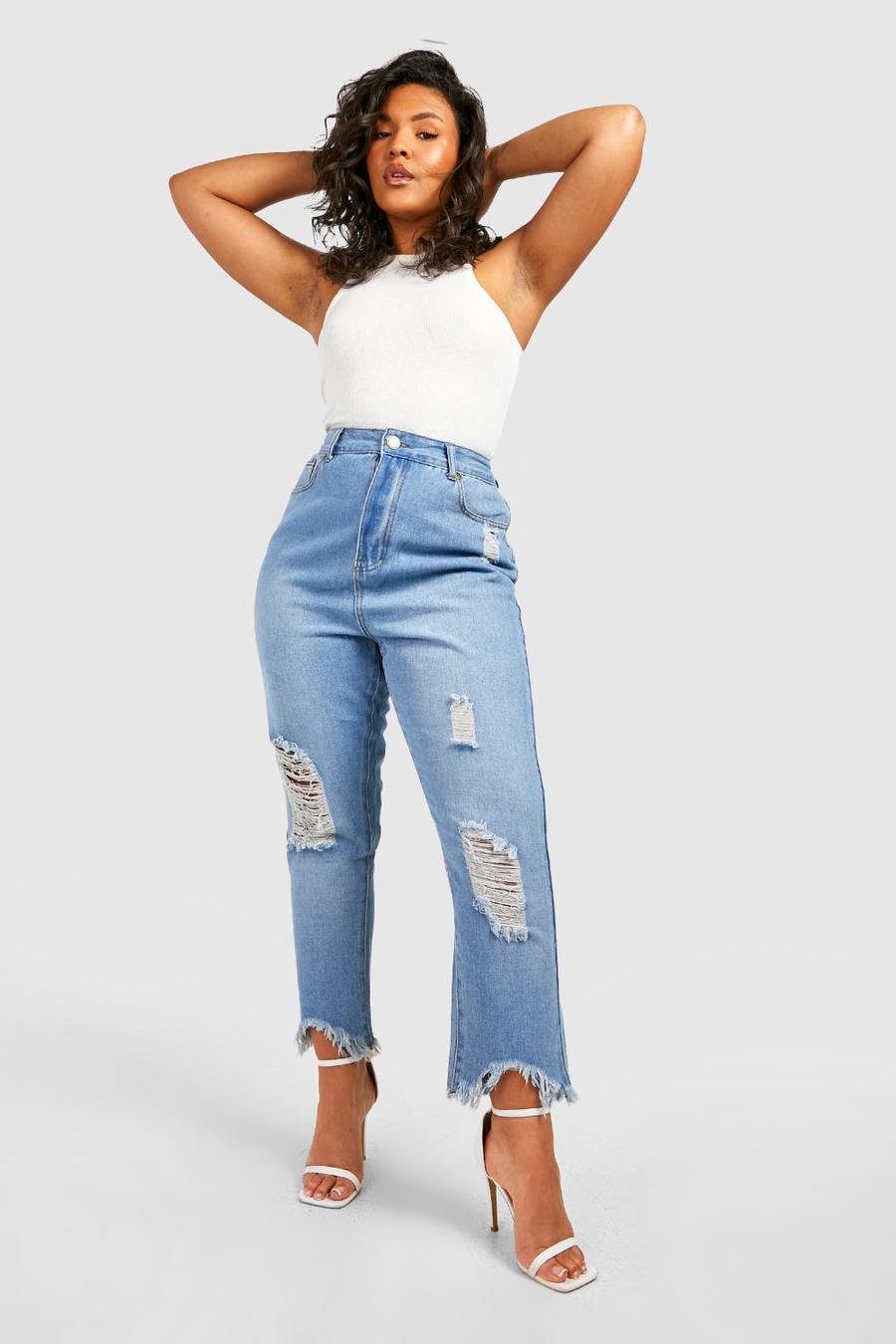Mid blue bleu Plus Ripped Distressed High Waist Mom Jeans image number 1