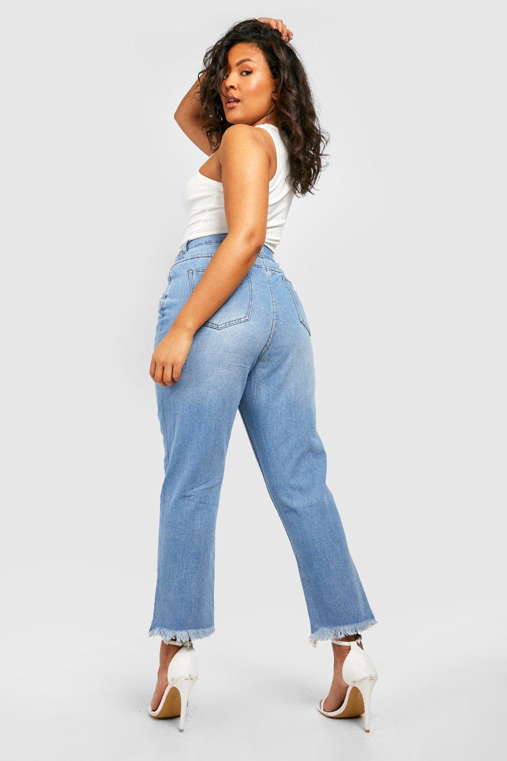 Boohoo Plus high waisted mom jeans in mid wash blue