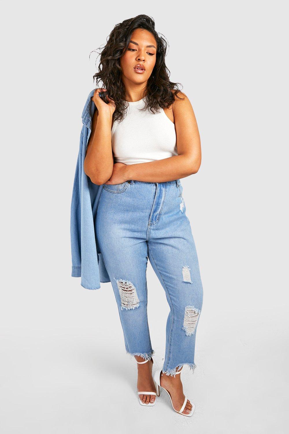 boohoo Plus Size Ripped Distressed High Waisted Mom Jeans - Blue - Size 14
