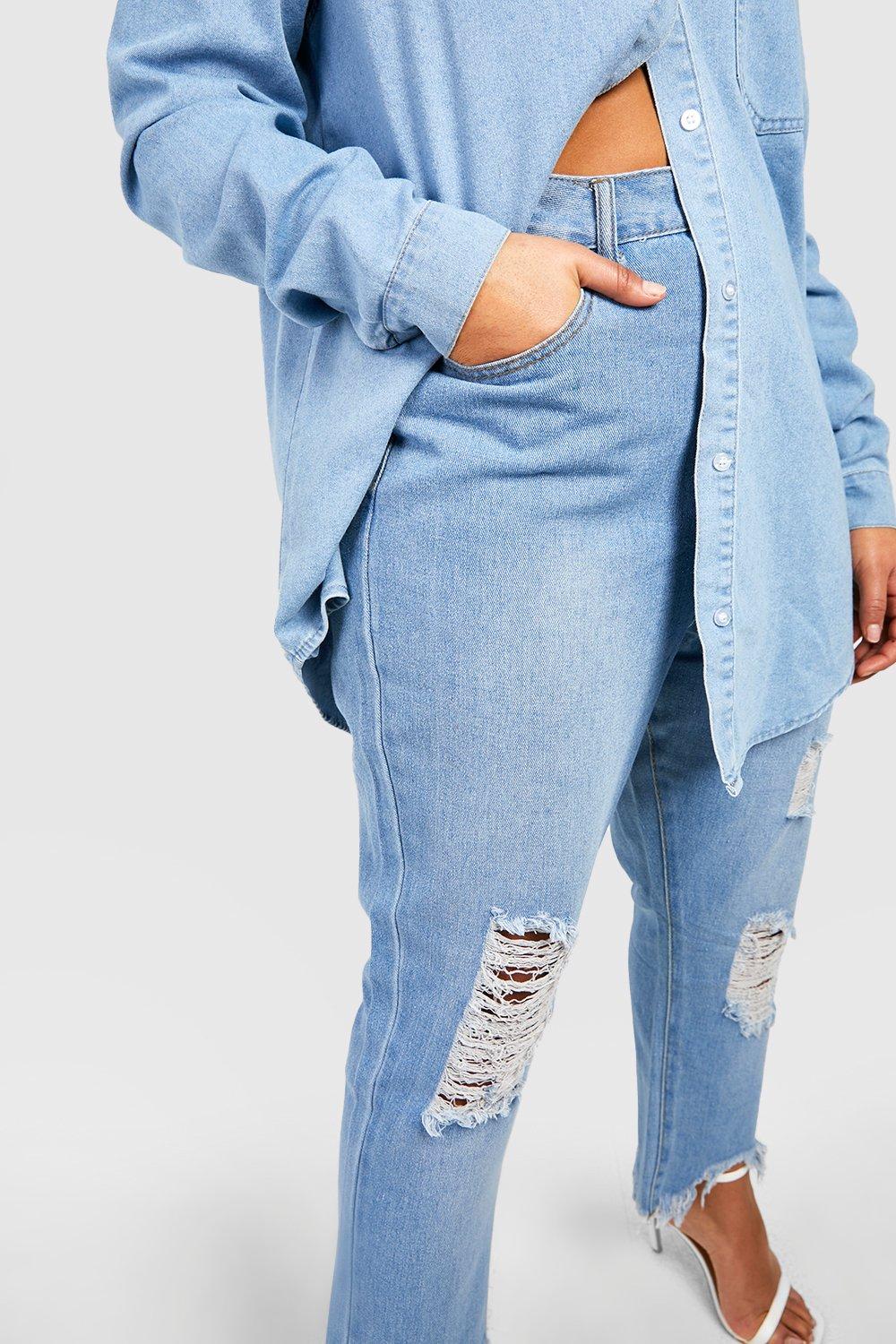 Plus Ripped Distressed High Waisted Mom Jeans