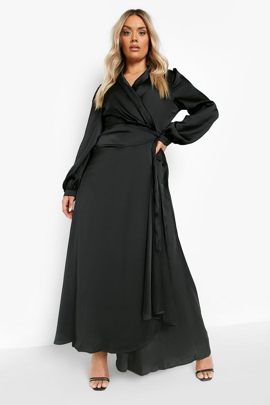 Black Plus Satin Wrap Belted Maxi Dress image number 1