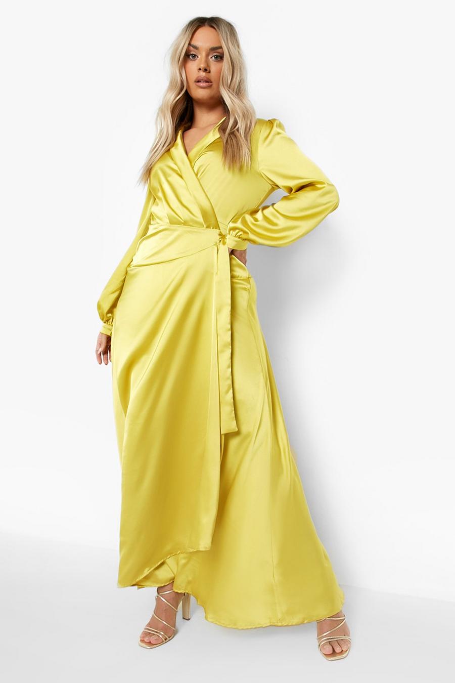 Chartreuse Plus Satin Wrap Belted Maxi Dress image number 1