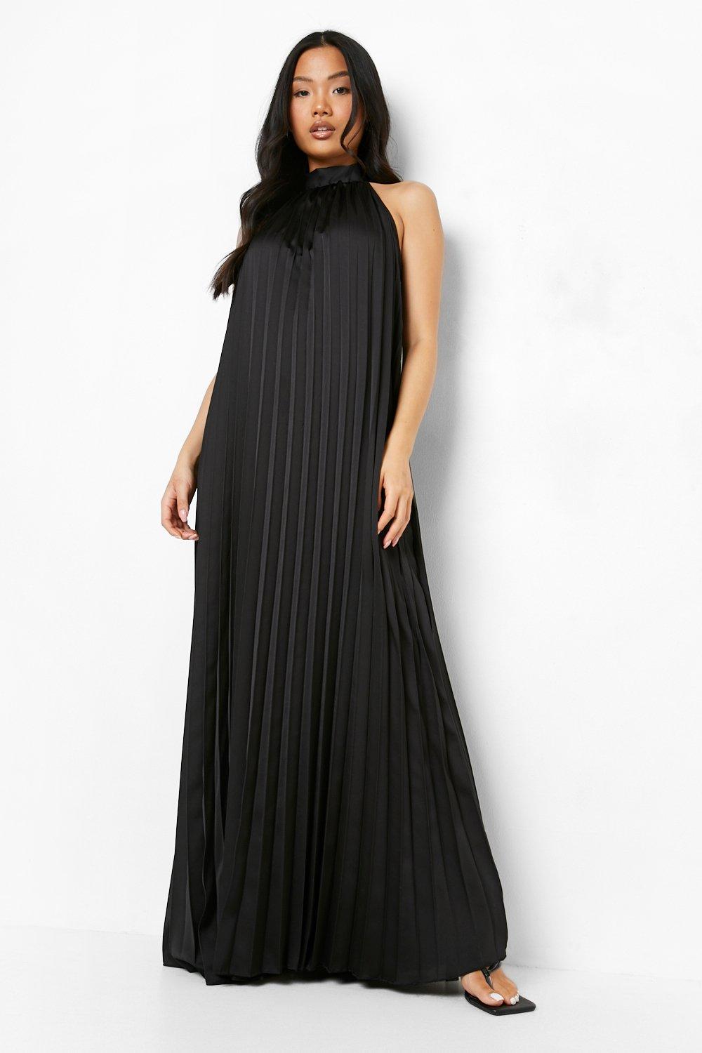 Petite Satin Pleated High Neck Maxi Dress boohoo IL