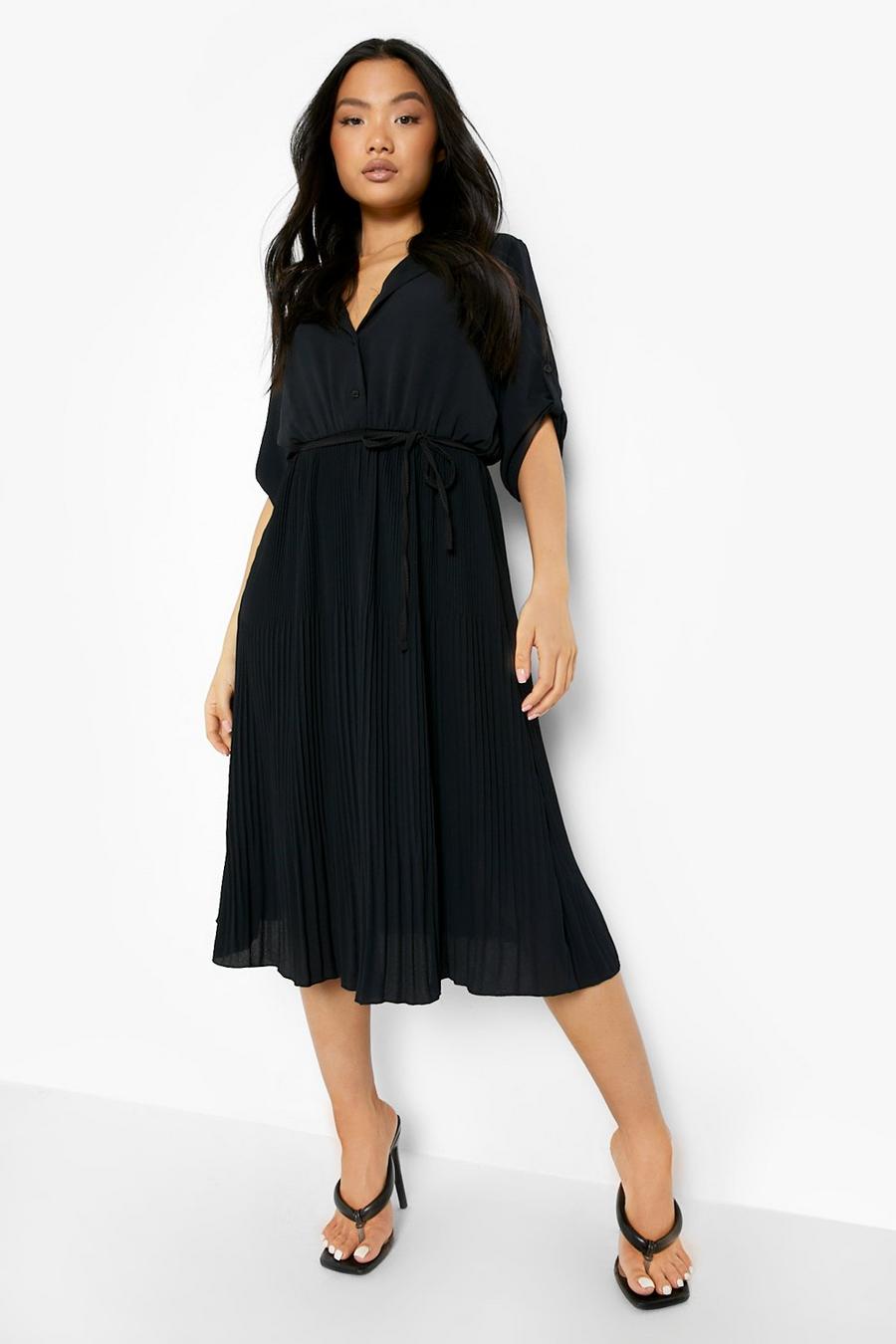 Black Petite Woven Plisse Midi Shirt Dress image number 1