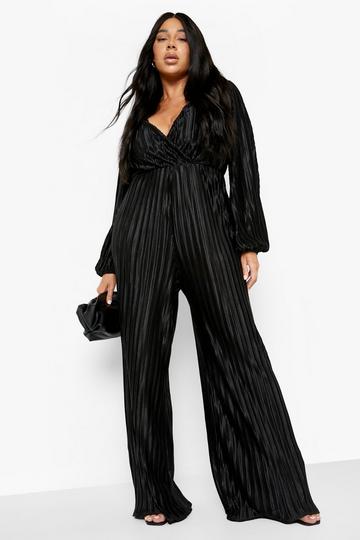 Plus Pleated Plisse Wrap Wide Leg Jumpsuit black