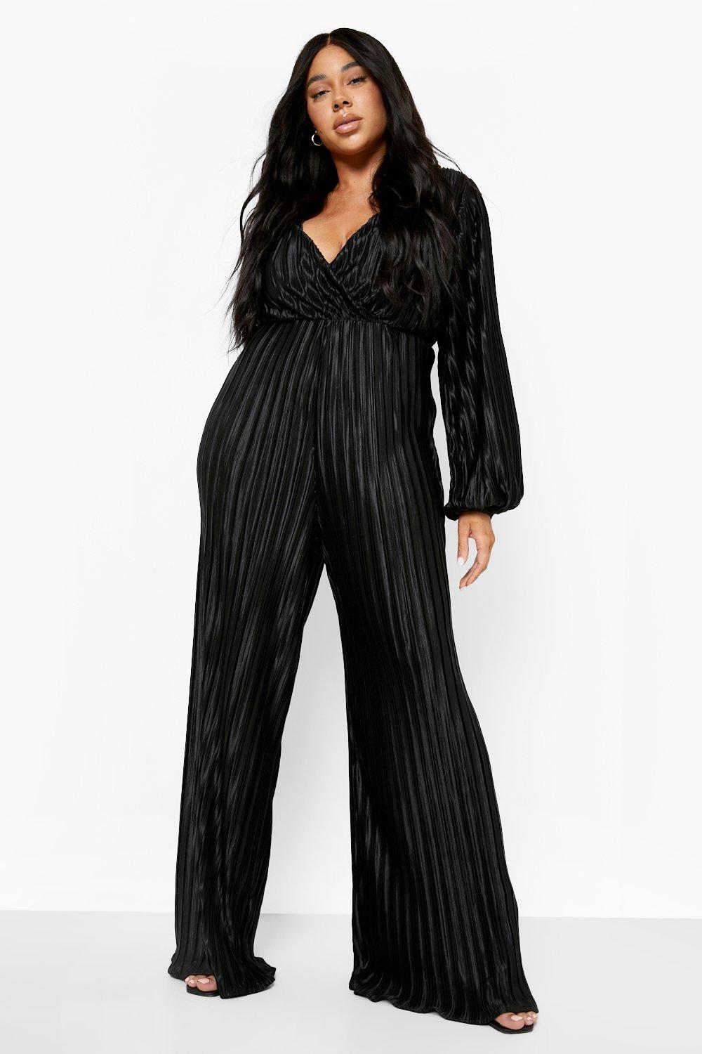 boohoo Plus Pleated Plisse Wrap Wide Leg Jumpsuit Black Size 20