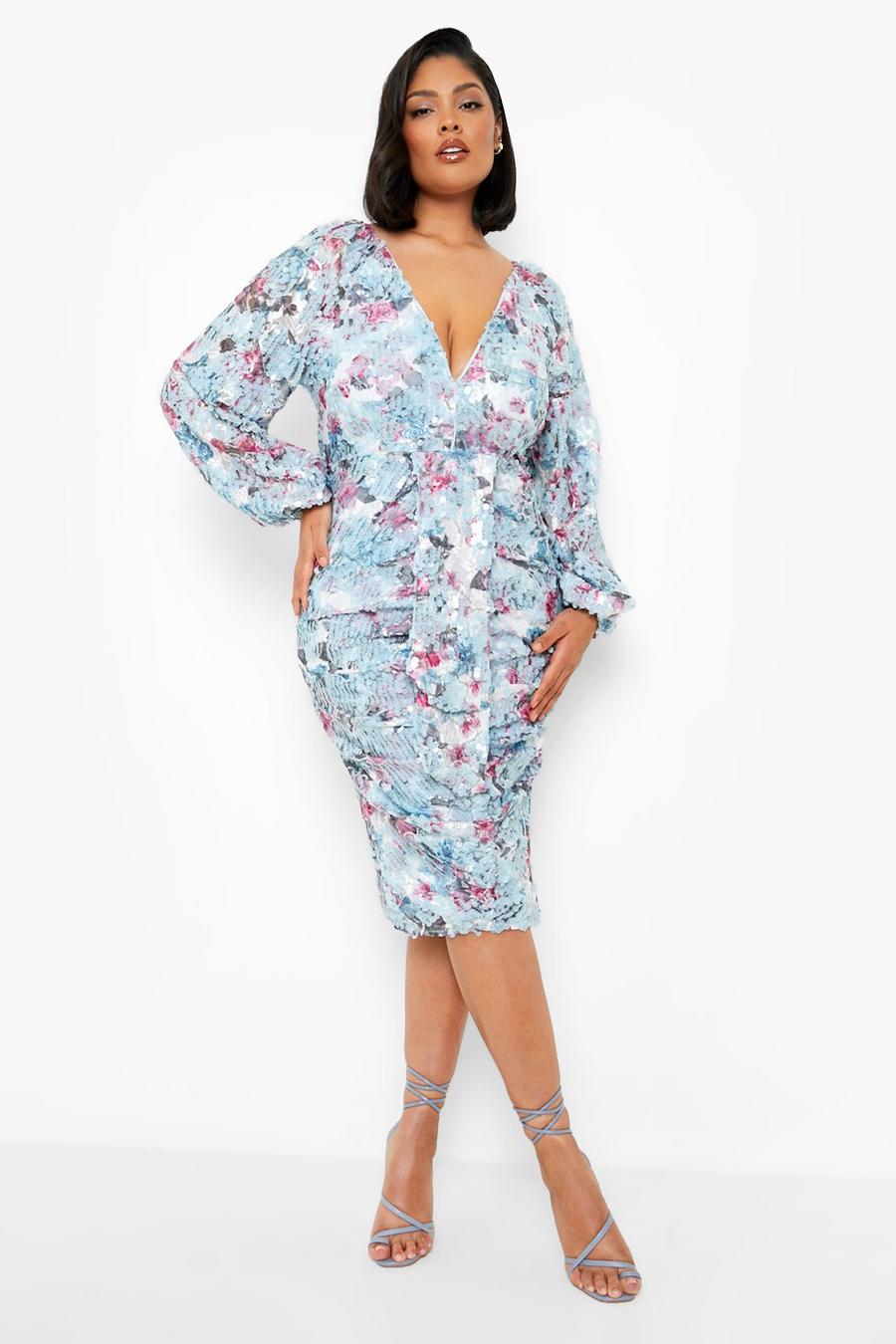 Plus Floral Sequin Puff Sleeve Midi Dress | boohoo