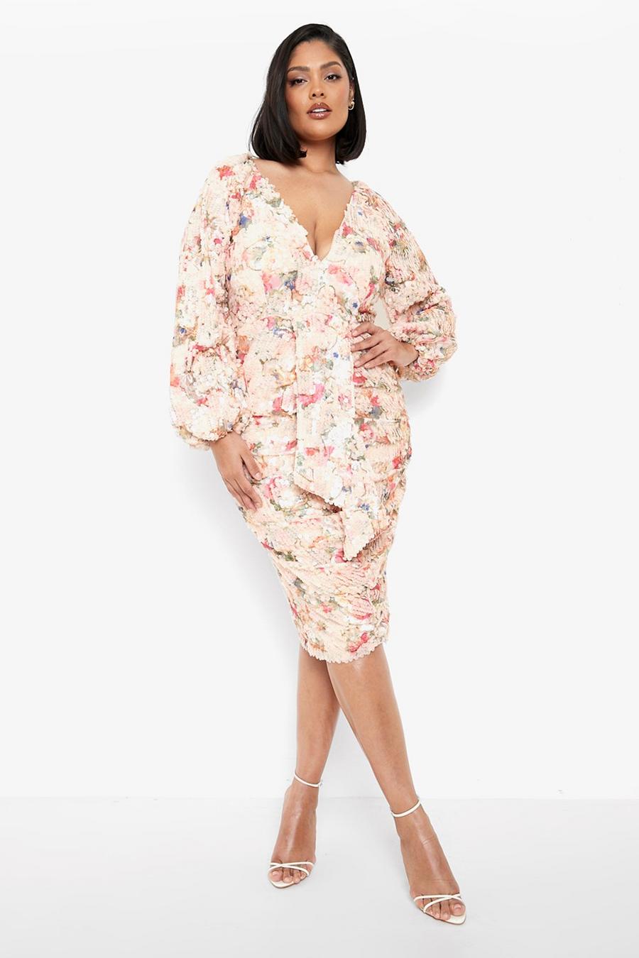 Pastel pink Plus Floral Sequin Puff Sleeve Midi Dress