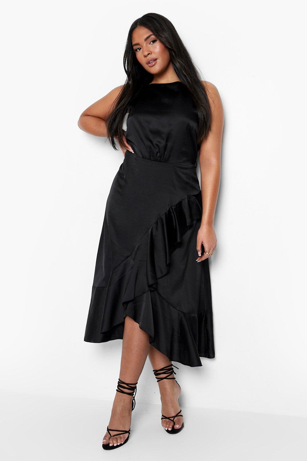 Plus Satin Frill Wrap Midi Dress