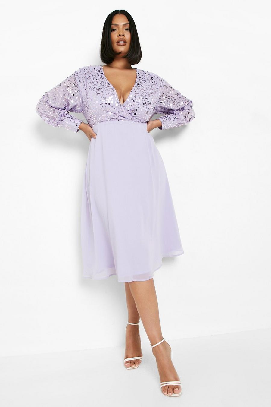 Lilac Plus Sequin Wrap Midi Skater Dress image number 1