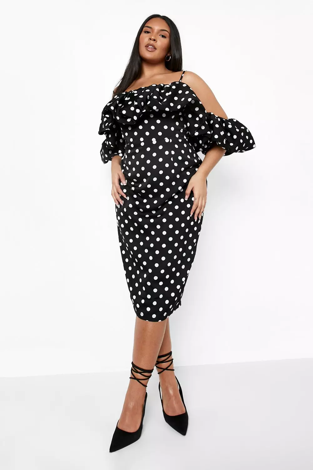 Plus Off Shoulder Polka Dot Midi Dress