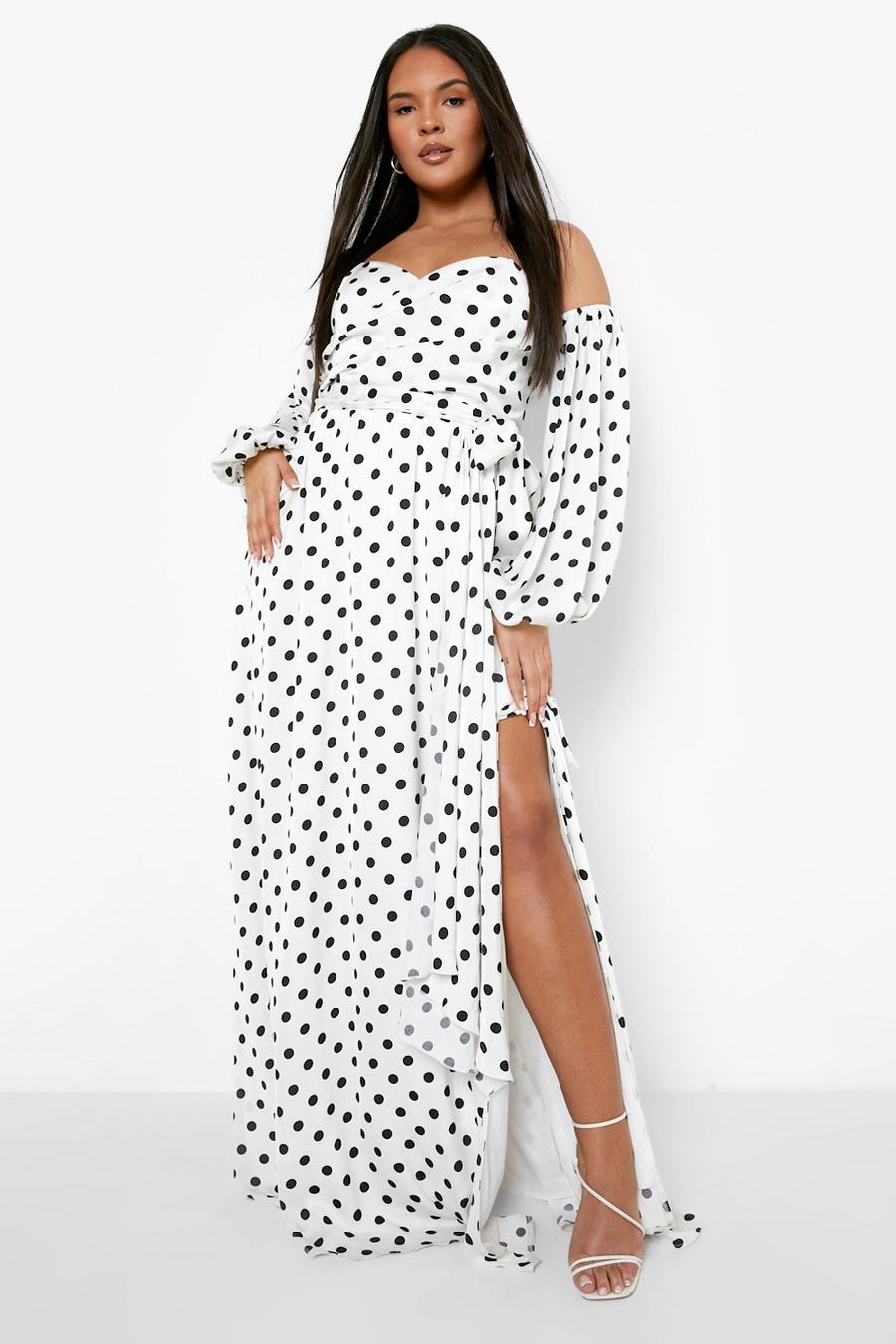 White blanco Plus Polka Dot Off The Shoulder Maxi Dress