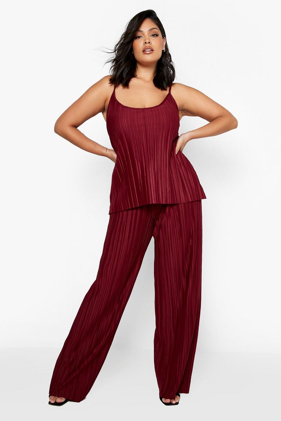 Berry Plus Plisse Cami Top And Wide Leg Pants Co-Ord image number 1