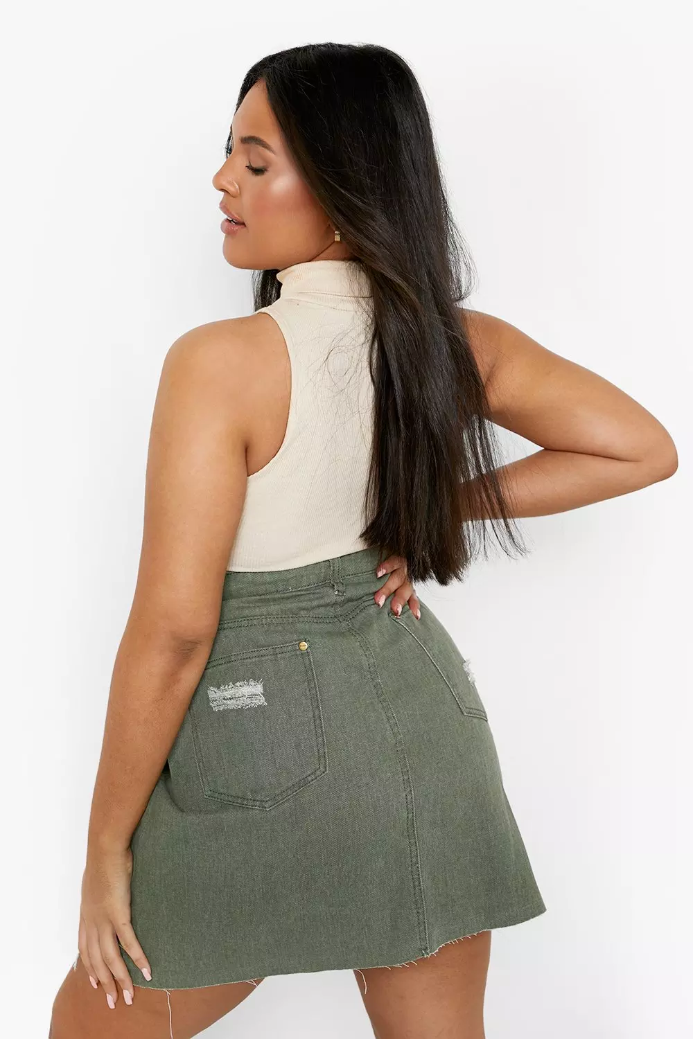 Khaki distressed hotsell denim skirt