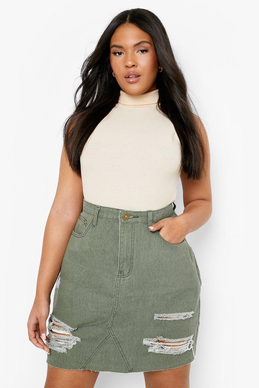 Khaki distressed denim skirt hotsell