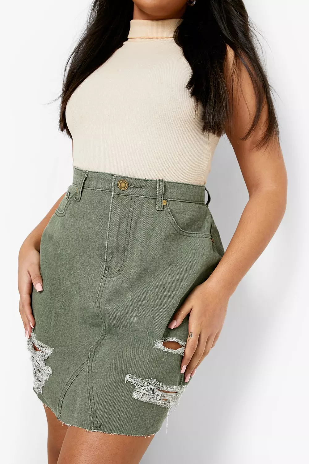 Khaki ripped hotsell denim skirt