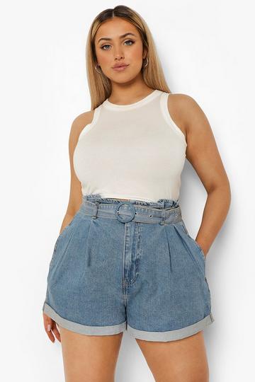 Plus Belted Paper Bag Jean Shorts mid blue