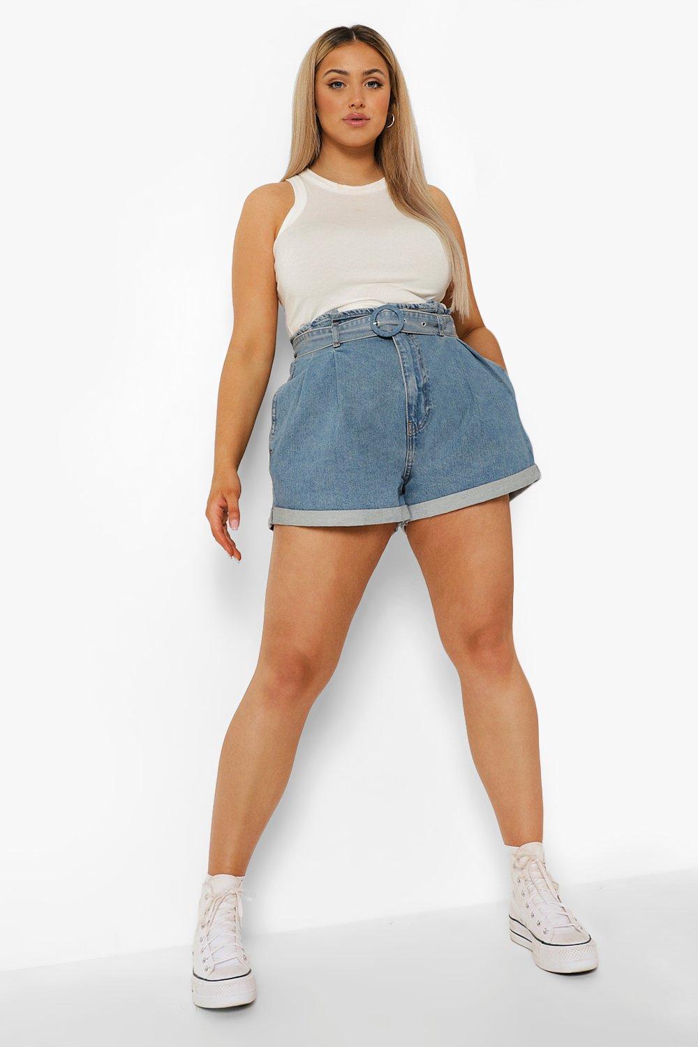 Plus Belted Paper Bag Denim Shorts